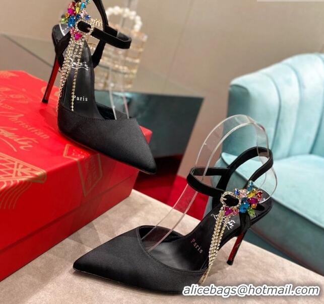 Top Design Christian Louboutin Black Satin Pumps 10cm with Strass Tassel 0220046