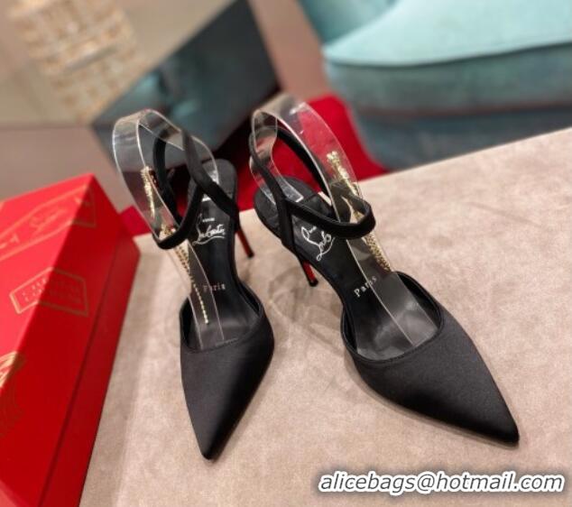 Top Design Christian Louboutin Black Satin Pumps 10cm with Strass Tassel 0220046