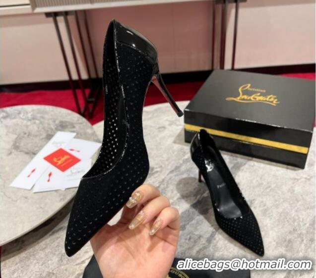 Pretty Style Christian Louboutin Kate Pumps 10cm in Patent Leather and Perforated Suede Black 0220048