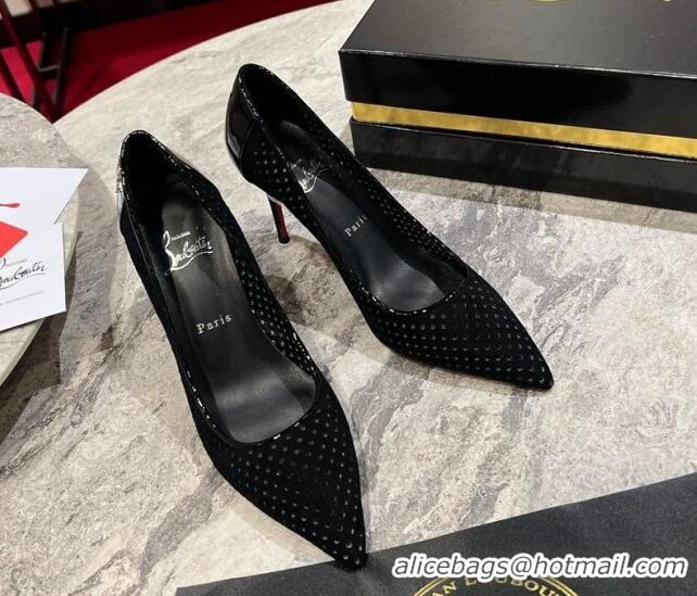 Pretty Style Christian Louboutin Kate Pumps 10cm in Patent Leather and Perforated Suede Black 0220048