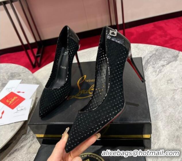 Pretty Style Christian Louboutin Kate Pumps 10cm in Patent Leather and Perforated Suede Black 0220048