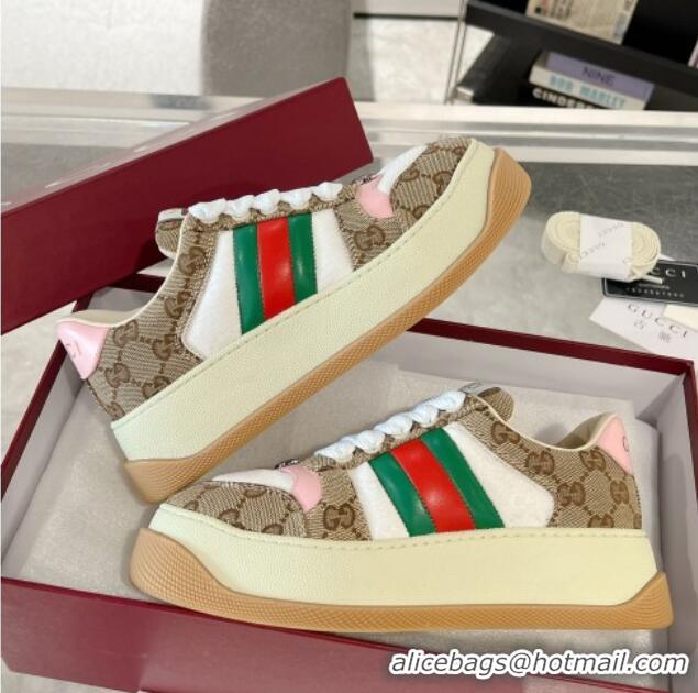 Top Grade Gucci Screener Platform Sneakers in GG Canvas with Web Beige/Pink 0227135