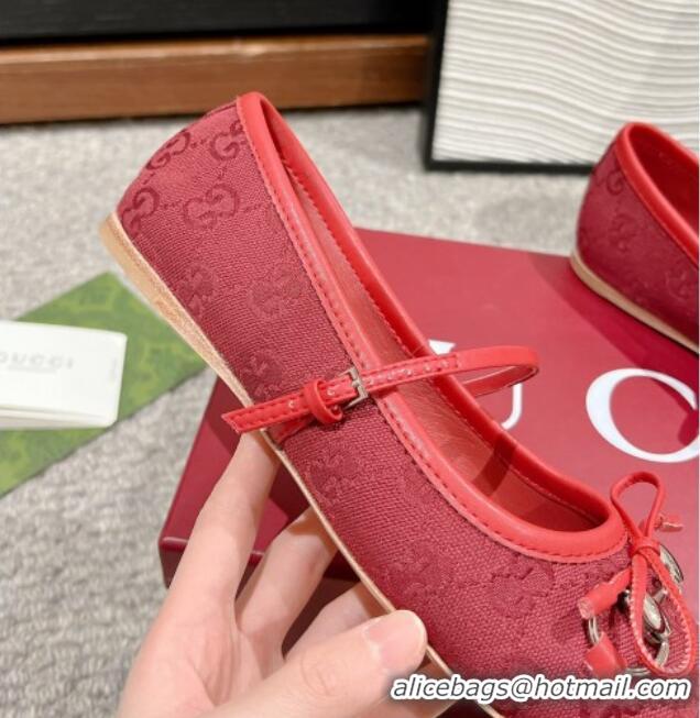 Top Grade Gucci Horsebit Ballet Flat in Red Original GG Canvas 814321