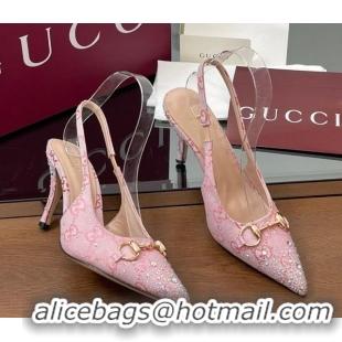 Buy Discount Gucci Horsebit Slingback Pumps 10.5cm in GG Canvas with Strass Pink 812176