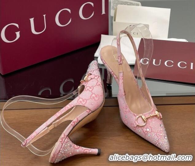Buy Discount Gucci Horsebit Slingback Pumps 10.5cm in GG Canvas with Strass Pink 812176