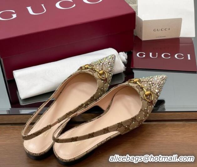 Sumptuous Gucci Horsebit Slingbacks Flats in GG Canvas with Strass Beige/Brown 0228031