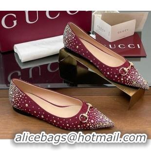 Classic Hot Gucci Horsebit Ballet Flats in GG Canvas with Strass Red 0228037