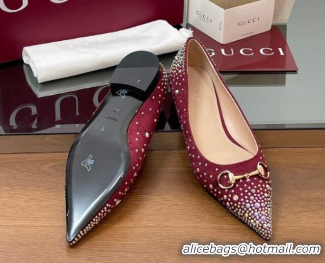 Classic Hot Gucci Horsebit Ballet Flats in GG Canvas with Strass Red 0228037