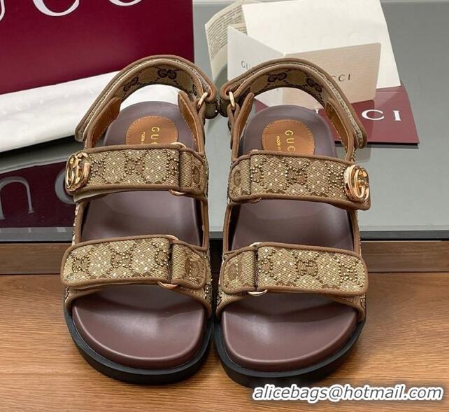 Good Looking Gucci GG Canvas and Strass Flat Strap Sandals with Double G Beige GG02281
