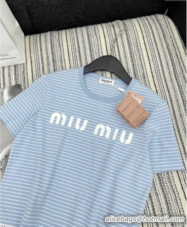 Top Design Miu Miu Striped T-Shirt with Lace Trim 0116 Light Blue 2025