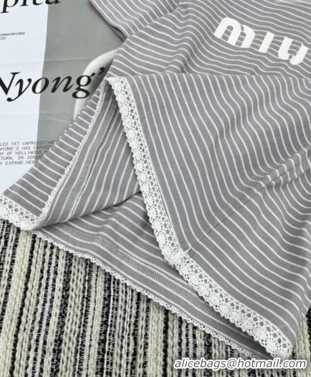 Classic Discount Miu Miu Striped T-Shirt with Lace Trim 0116 Grey 2025