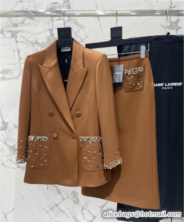 Luxury Cheap Saint Laurent Strass Jacket Golden 1203 Brown 2024