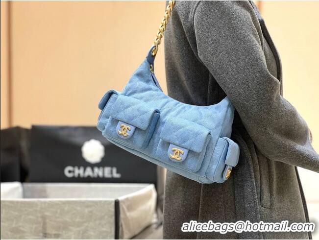 Promotional Cheap Wholesale Chanel Washed Denim Large Hobo Bag AS5302 Light Blue 2025 Top Quality