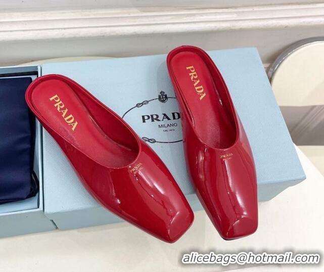 Shop Duplicate Prada Patent Leather Flat Mules with Front Logo Red 0224075