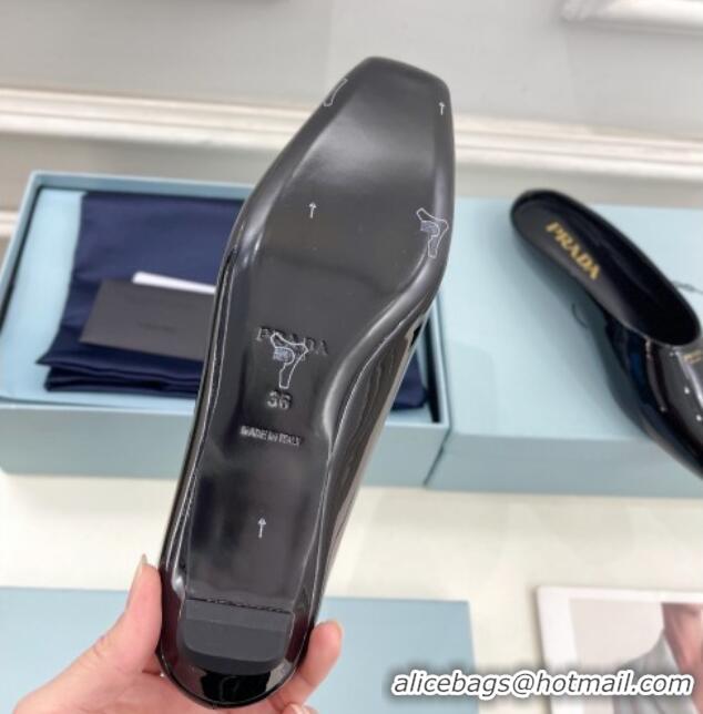 Shop Cheap Prada Patent Leather Flat Mules with Front Logo Black 0224077