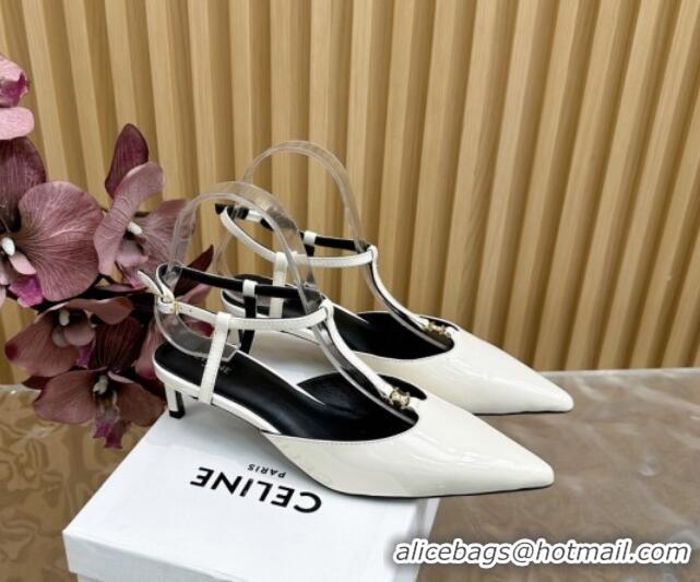 Top Design Celine Kitten T-Bar Strap Pumps 4.5cm in Patent Calfskin White 50220003