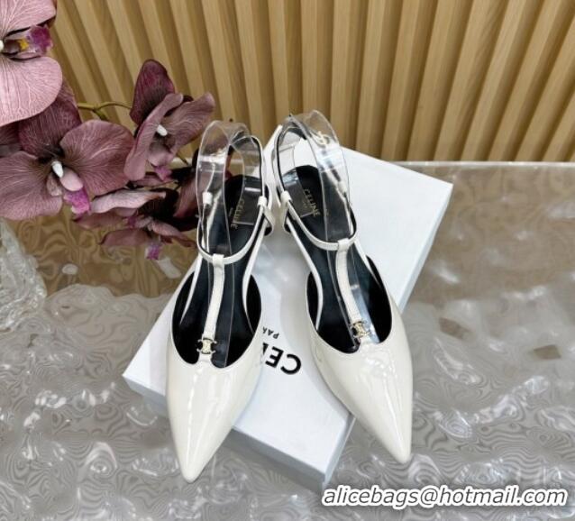Top Design Celine Kitten T-Bar Strap Pumps 4.5cm in Patent Calfskin White 50220003
