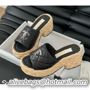 Best Grade Chanel Lambskin Wedge Slide Sandal CH21401 Black