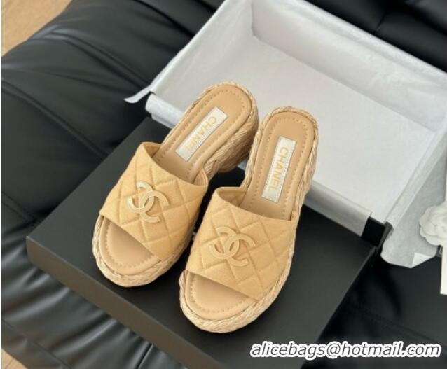 Classic Hot Chanel Fabric Wedge Slide Sandal CH21401 Beige
