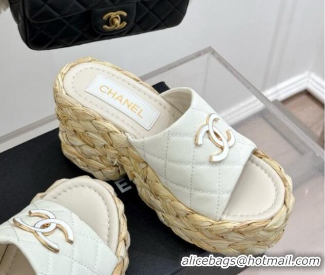 Fashion Luxury Chanel Fabric Wedge Slide Sandal 8cm Heel CH21401 White