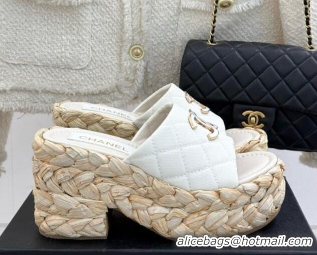 Fashion Luxury Chanel Fabric Wedge Slide Sandal 8cm Heel CH21401 White