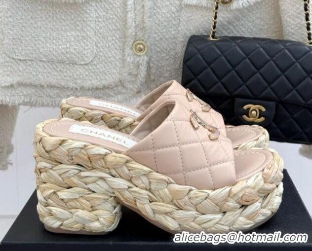 Purchase Chanel Lambskin Wedge Slide Sandal 8cm Heel CH21401 Light Pink