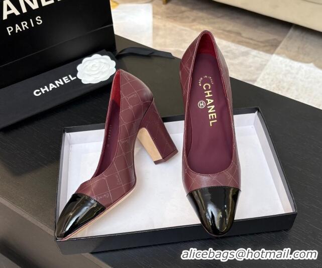Buy Discount Chanel Printed Quilted & Patent Calfskin Leather Pumps 8.5cm Burgundy 0228099