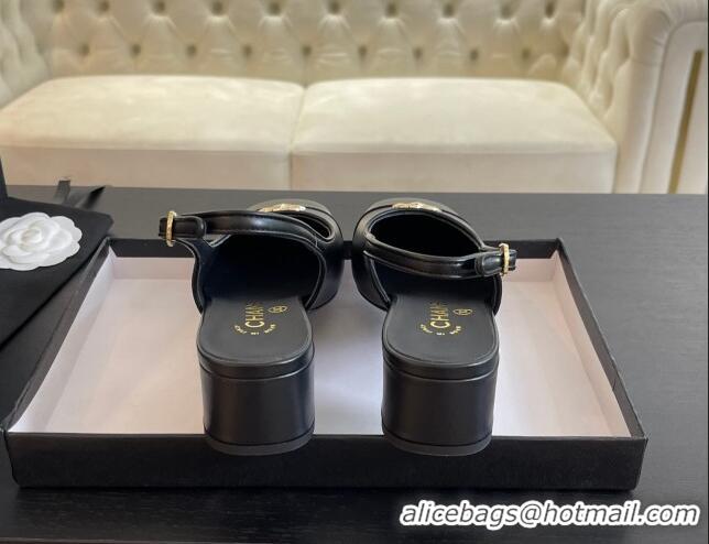 Good Quality Chanel Calfskin Leather Slingback Pumps 4cm with Round Toe Black 0228103