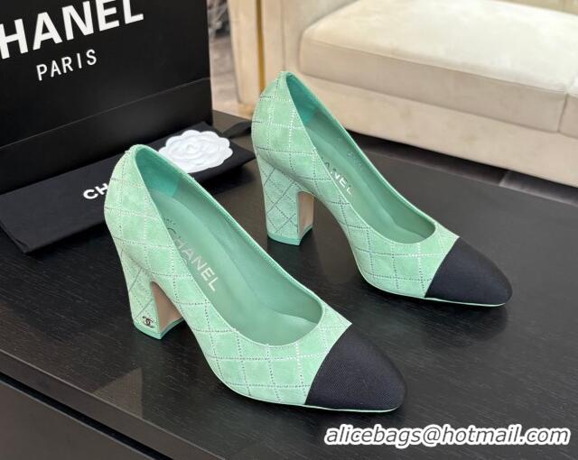 Classic Hot Chanel Quilted Suede & Grosgrain Pumps 8.5cm with Studs G45509 Green