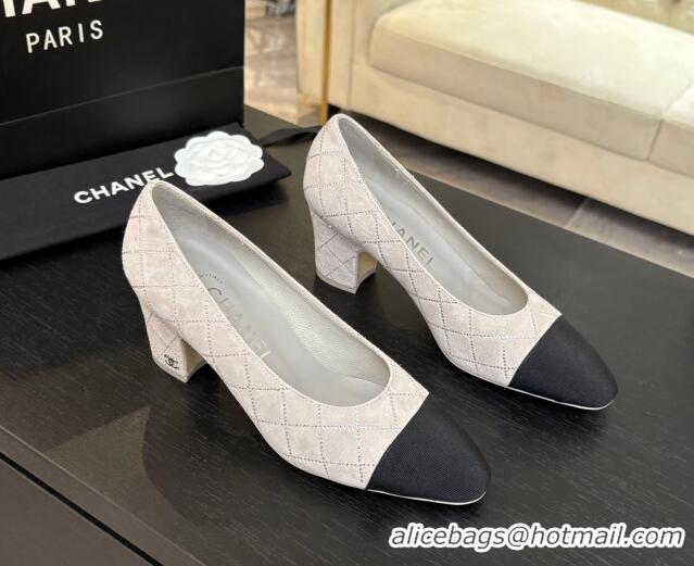 Grade Chanel Quilted Suede & Grosgrain Pumps 6.5cm with Studs G45509 Grey