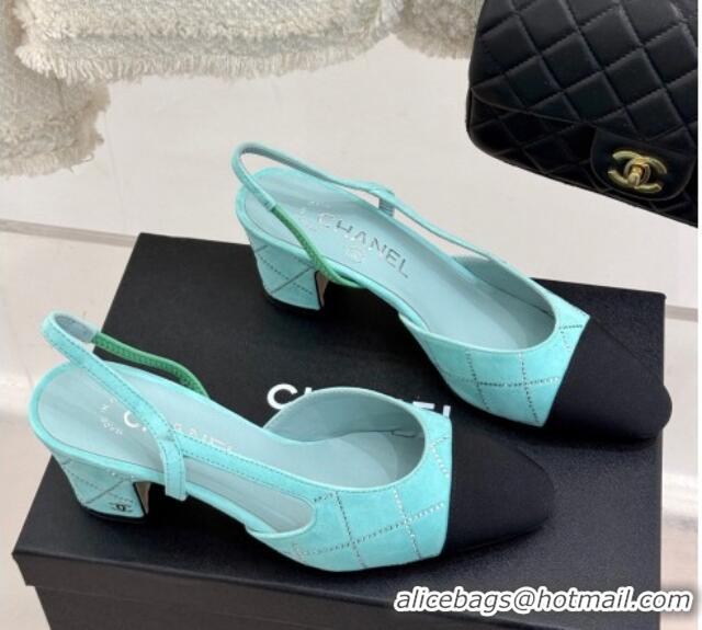 Purchase Chanel Quilted Suede & Grosgrain Slingback Pumps 6.5cm with Studs G31318 Pale Blue