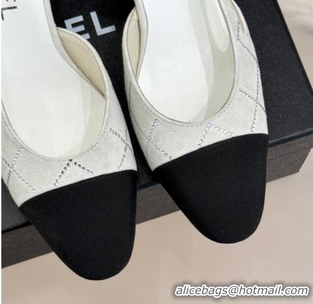 Pretty Style Chanel Quilted Suede & Grosgrain Slingback Pumps 6.5cm with Studs G31318 White
