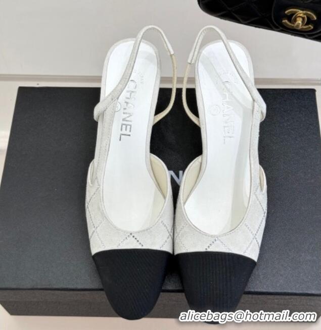 Pretty Style Chanel Quilted Suede & Grosgrain Slingback Pumps 6.5cm with Studs G31318 White