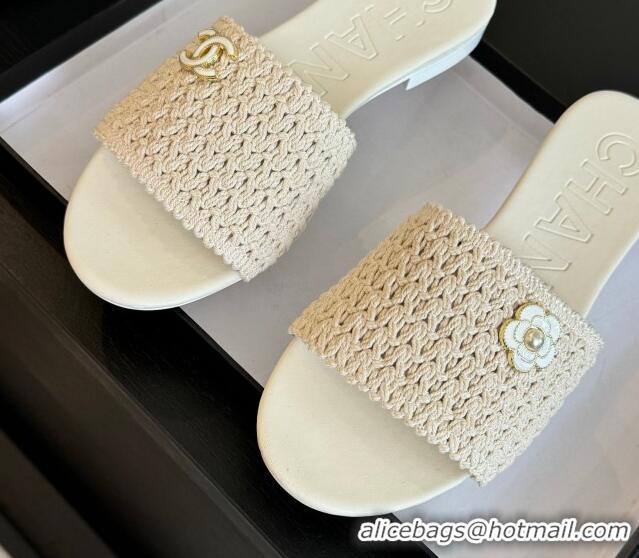 Good Looking Chanel Crochet Flat Slides Sandal with Camellia Bloom White CH030101