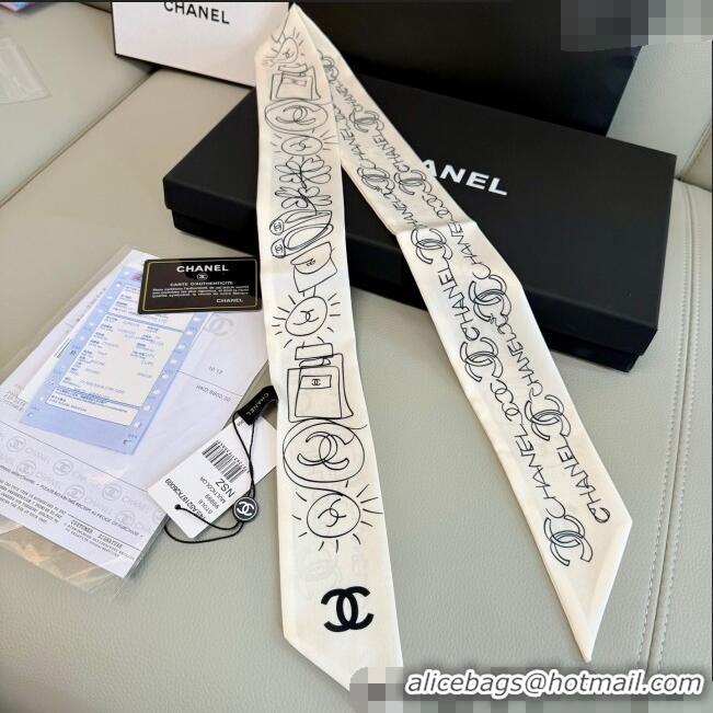 Good Looking Chanel Cartoon Letters Silk Bandeau Scarf 6x120cm 9022 White 2025