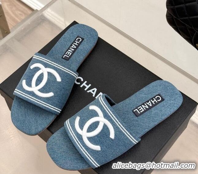 Low Cost Chanel Denim Flat Slides Sandal Light Blue CH030104
