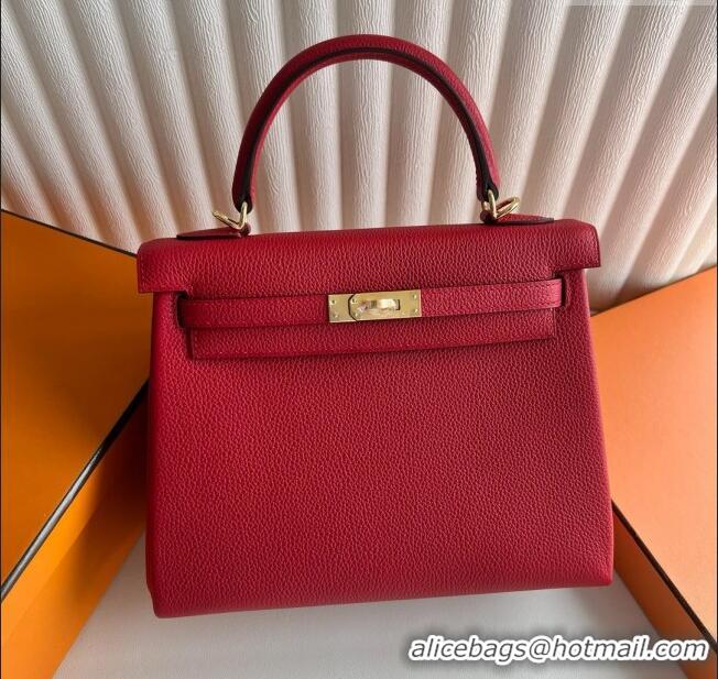 Shop Promotional Hermes Kelly 25/28cm Bag in Original Togo Leather National H25 Flag Red/Gold 2025 (Half Handmade)