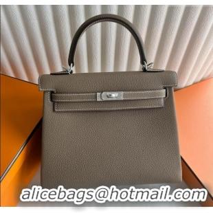 Top Quality Hermes Kelly 25/28cm Bag in Original Togo Leather H25 Etoupe/Silver 2025 (Half Handmade)