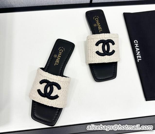 Buy Luxury Chanel Woven Flat Slides Sandal with CC Black CH030106
