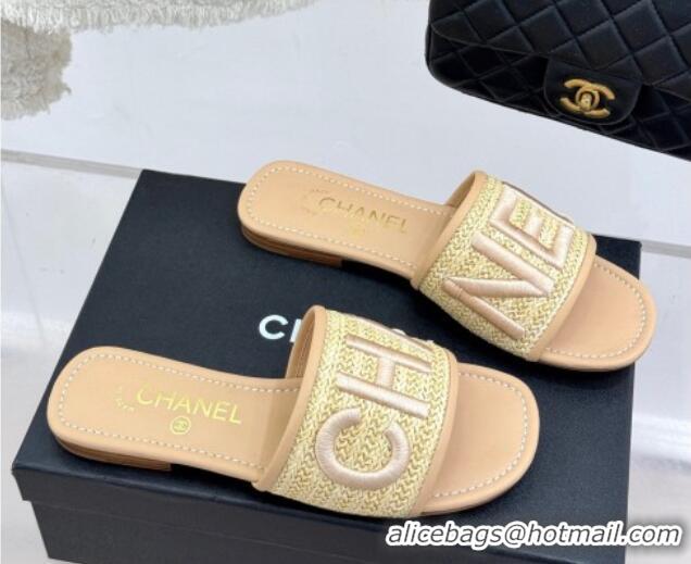 Low Cost Chanel Straw-Like Slides Sandal with Letters Embroidery Beige CH030110
