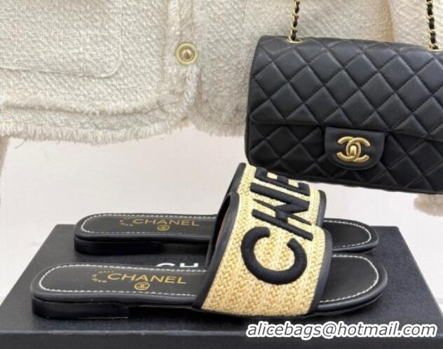Luxurious Chanel Straw-Like Slides Sandal with Letters Embroidery Black CH030110