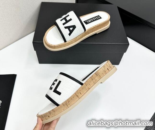 Purchase Chanel Tweed Flat Slides Sandal with Letters White2 2025 CH030303