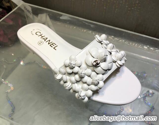 Low Cost Chanel Lambskin Flat Slides Sandal with Camellia Bloom White 2025 CH030304