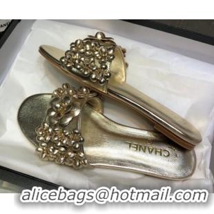 Luxurious Chanel Lambskin Flat Slides Sandal with Camellia Bloom Gold 2025 CH030304