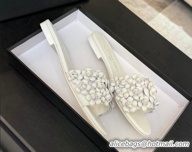 Sophisticated Chanel Lambskin Flat Slides Sandal with Camellia Bloom White 2025 CH030304