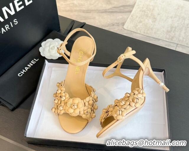 Good Product Chanel Lambskin Heel Sandals 8cm with Camellia Bloom Beige 2025 CH030304