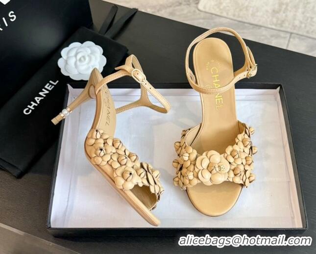 Good Product Chanel Lambskin Heel Sandals 8cm with Camellia Bloom Beige 2025 CH030304