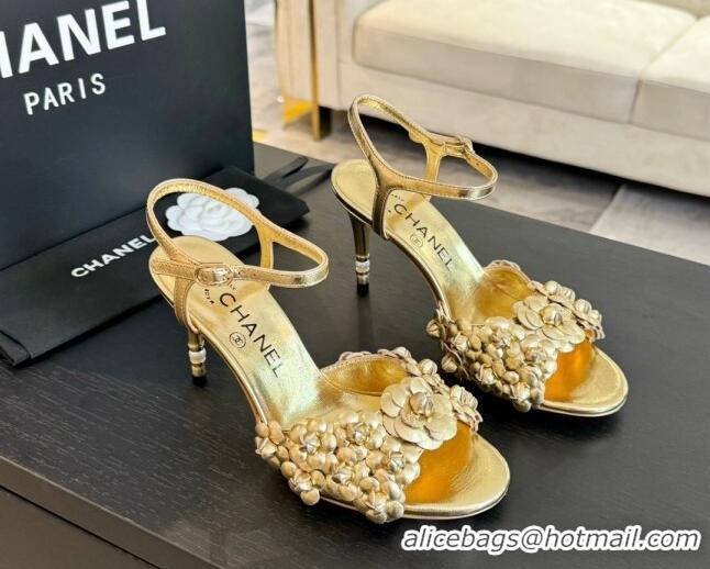 Best Grade Chanel Lambskin Heel Sandals 8cm with Camellia Bloom Gold 2025 CH030304