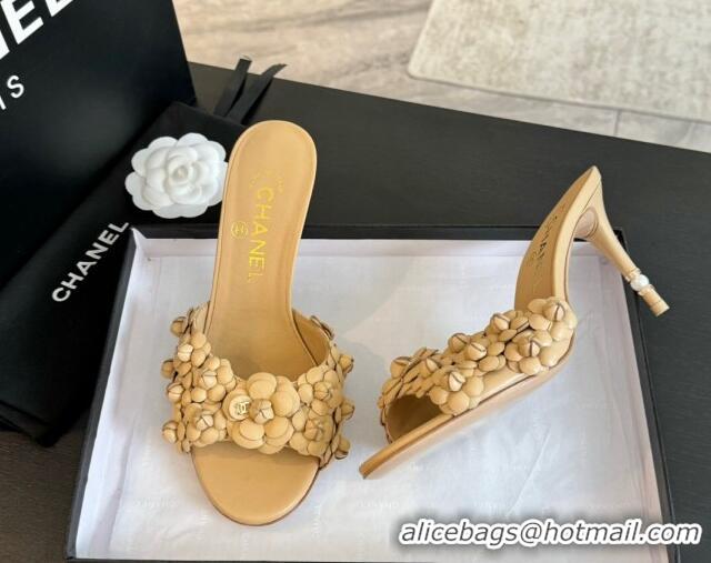 Pretty Style Chanel Lambskin Heel Slides Sandal 8cm with Camellia Bloom Beige 2025 CH030304