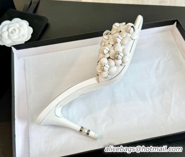 Good Quality Chanel Lambskin Heel Slides Sandal 8cm with Camellia Bloom White 2025 CH030304